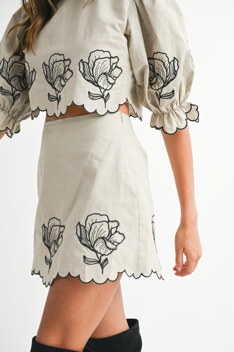 EVELYNN EMBROIDERED CROP TOP AND MINI SKIRT SET