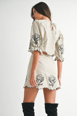 EVELYNN EMBROIDERED CROP TOP AND MINI SKIRT SET