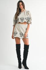 EVELYNN EMBROIDERED CROP TOP AND MINI SKIRT SET