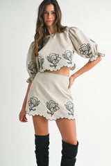 EVELYNN EMBROIDERED CROP TOP AND MINI SKIRT SET