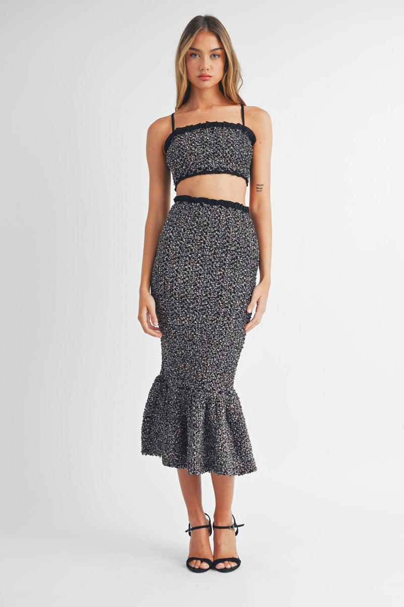 ANA SMOCKED RUFFLE TUBE TOP AND MIDI SKIRT SET
