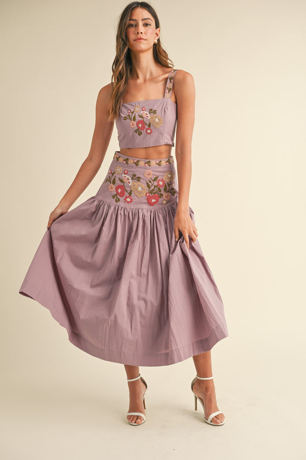 ELLE EMBROIDERED CROP TOP AND MIDI SKIRT SET