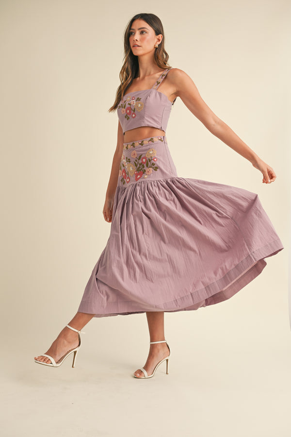 ELLE EMBROIDERED CROP TOP AND MIDI SKIRT SET