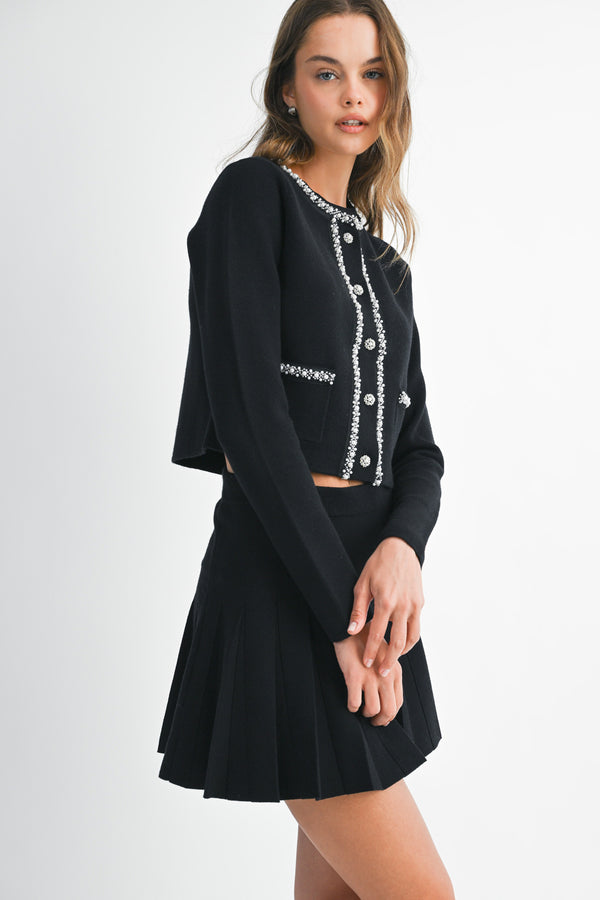 TARO PEARL BEADED CARDIGAN PLEATED MINI SKIRT SET