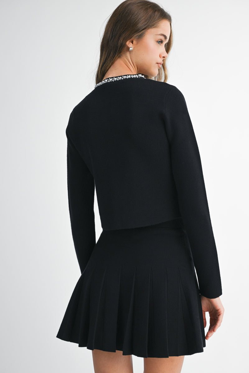 TARO PEARL BEADED CARDIGAN PLEATED MINI SKIRT SET