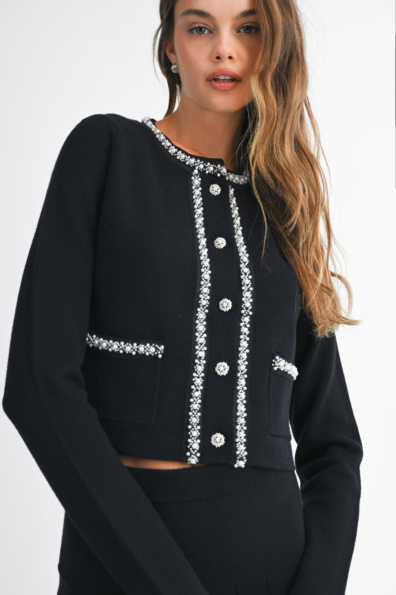 TARO PEARL BEADED CARDIGAN PLEATED MINI SKIRT SET