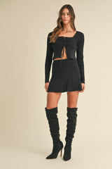 FELINE BOW TIED KNIT CARDIGAN AND MINI SKIRT
