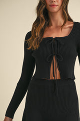 FELINE BOW TIED KNIT CARDIGAN AND MINI SKIRT