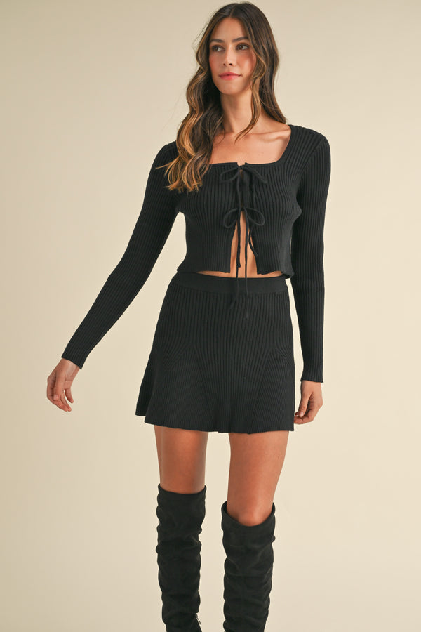 FELINE BOW TIED KNIT CARDIGAN AND MINI SKIRT