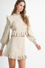 BRIANA RUFFLE DETAIL KNIT TOP AND MINI SKIRT SET