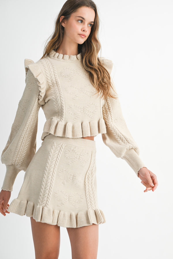 BRIANA RUFFLE DETAIL KNIT TOP AND MINI SKIRT SET