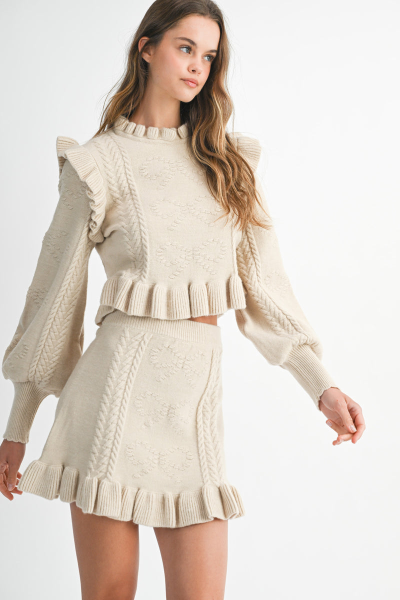 BRIANA RUFFLE DETAIL KNIT TOP AND MINI SKIRT SET