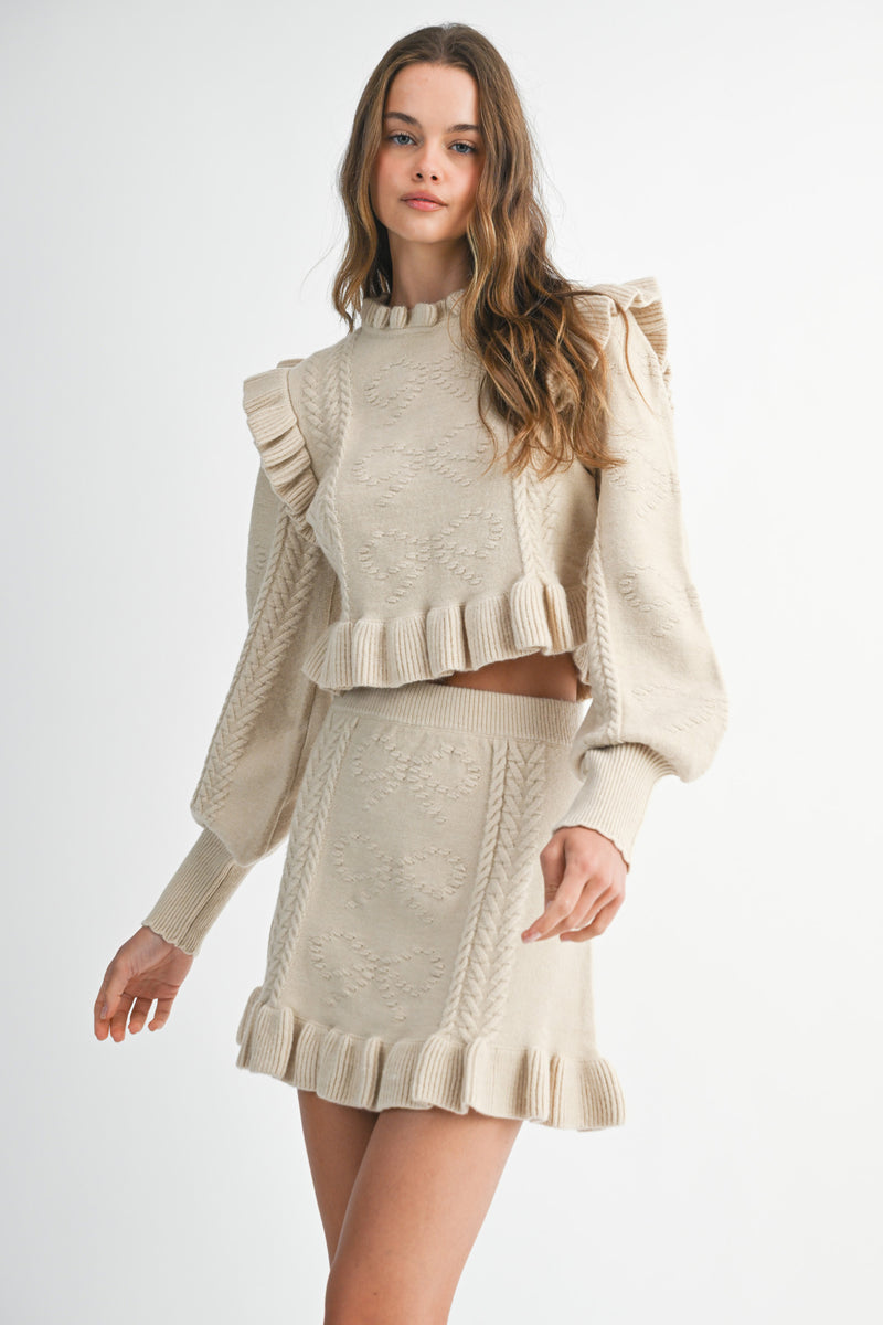 BRIANA RUFFLE DETAIL KNIT TOP AND MINI SKIRT SET