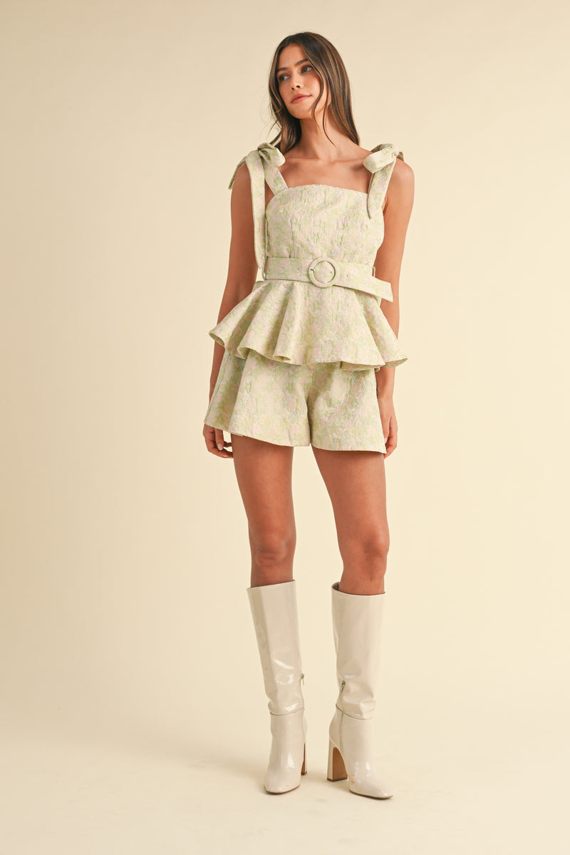 VIVENDEL PEPLUM TOP AND FLARE SHORTS SET