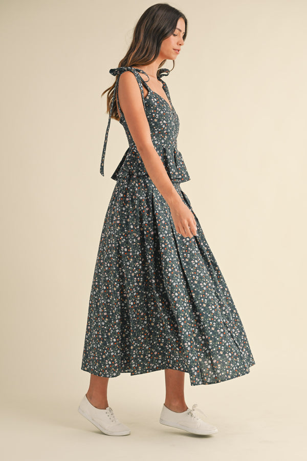 NYRA BOW TIED SHOULDER TOP AND MIDI SKIRT SET