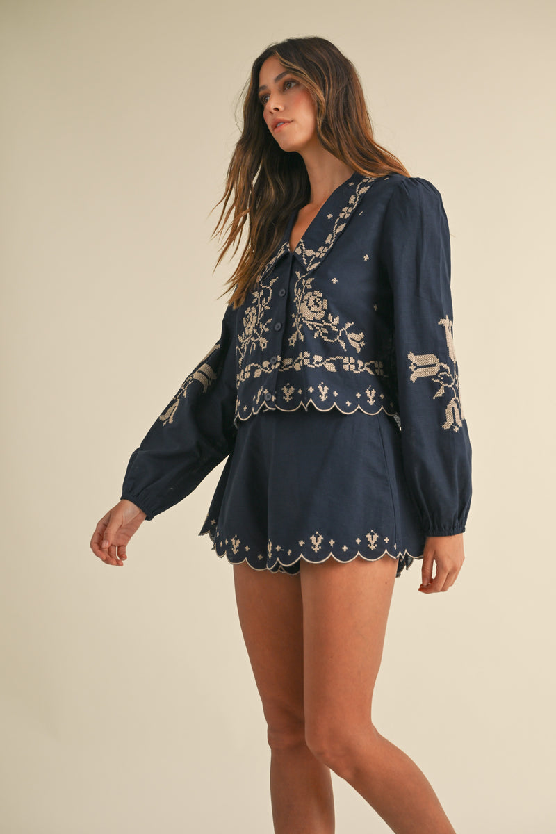 ABBEY EMBROIDERED COLLAR SHIRT AND SHORTS SET