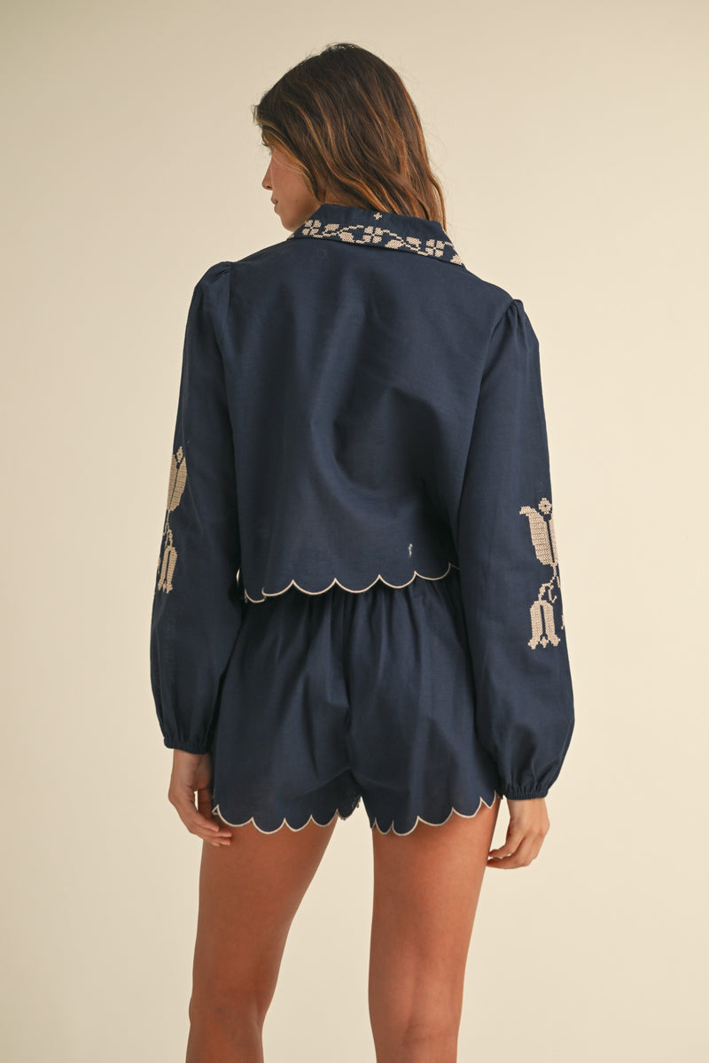 ABBEY EMBROIDERED COLLAR SHIRT AND SHORTS SET