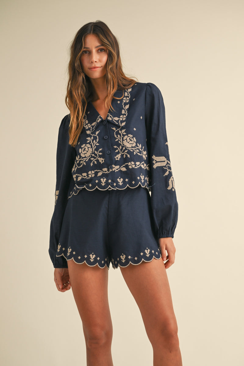 ABBEY EMBROIDERED COLLAR SHIRT AND SHORTS SET