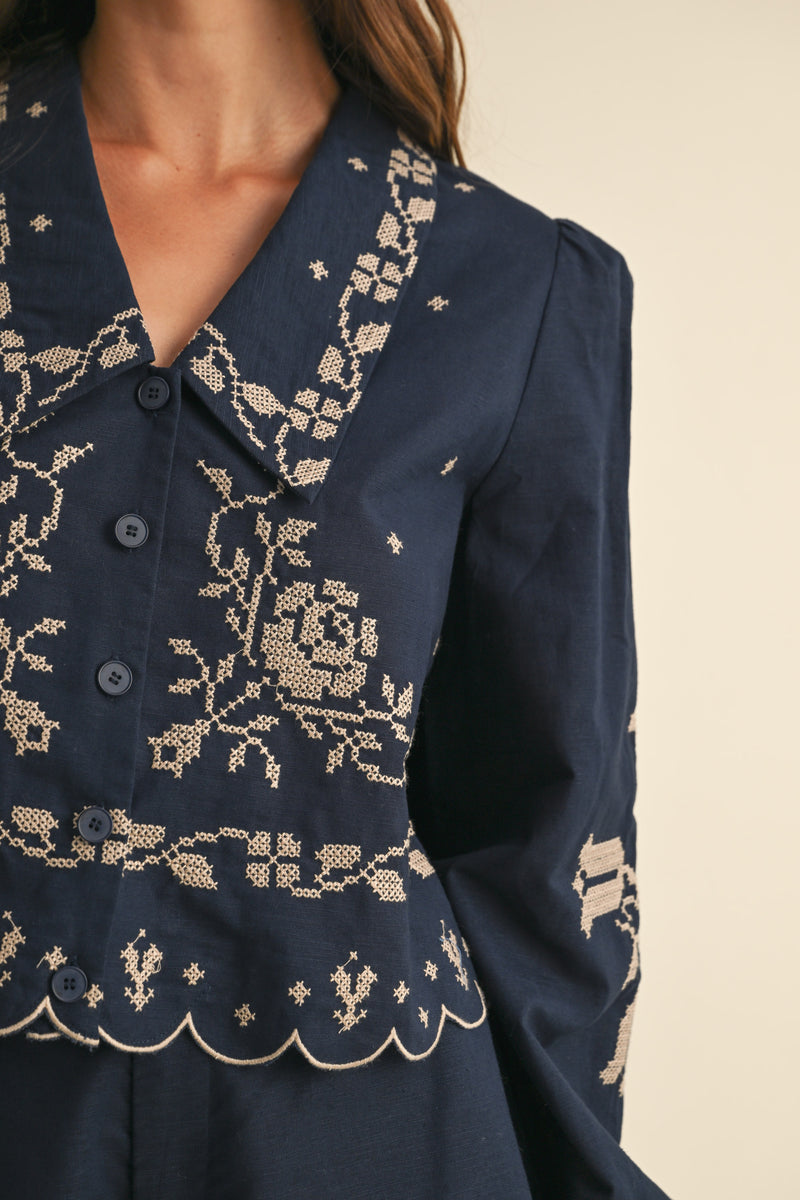 ABBEY EMBROIDERED COLLAR SHIRT AND SHORTS SET