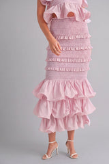 KATHLEEN RUFFLE TUBE TOP AND TIERED MIDI SKIRT SET