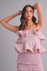 KATHLEEN RUFFLE TUBE TOP AND TIERED MIDI SKIRT SET