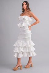 KATHLEEN RUFFLE TUBE TOP AND TIERED MIDI SKIRT SET