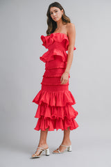 KATHLEEN RUFFLE TUBE TOP AND TIERED MIDI SKIRT SET