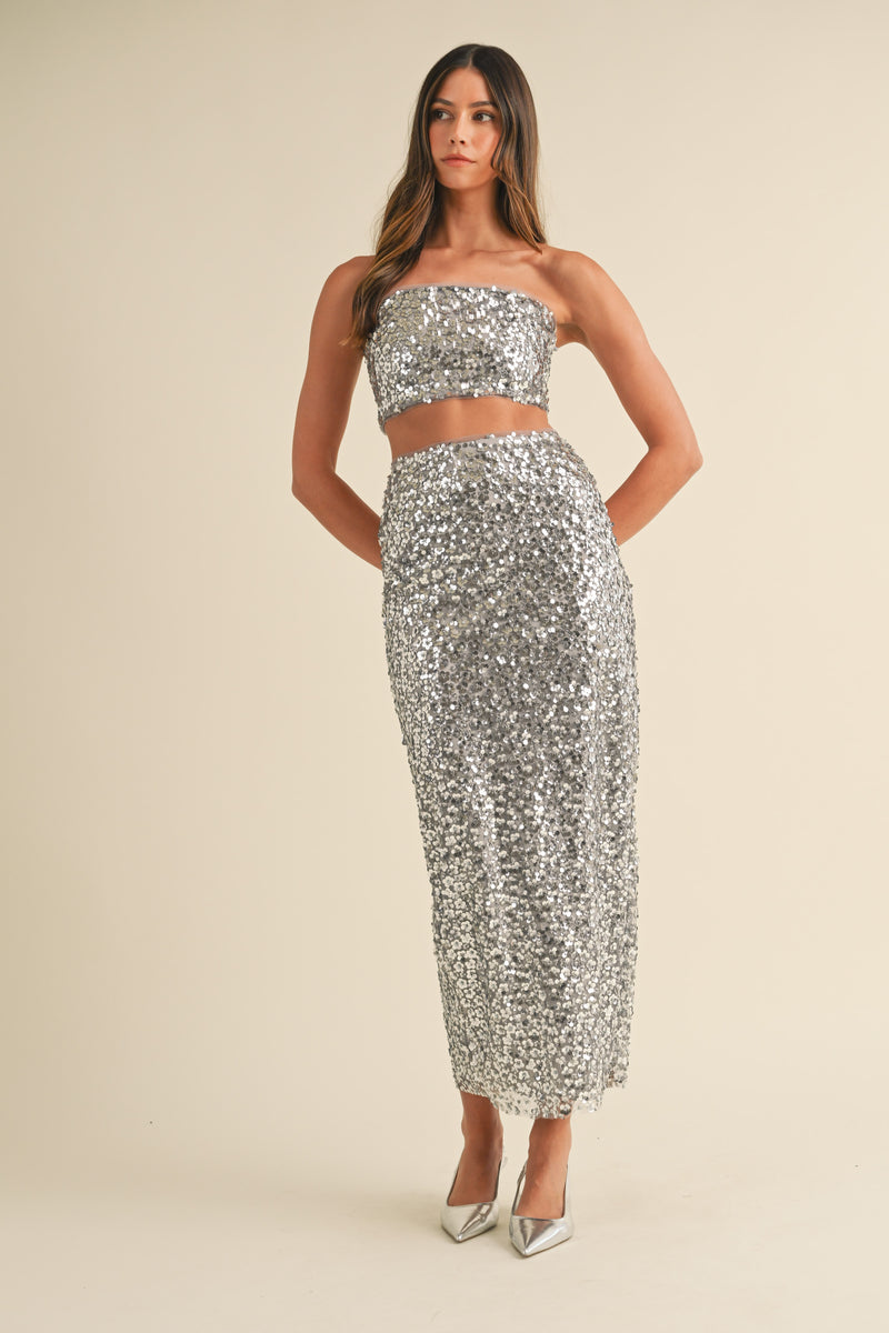 URSINA SEQUIN BANDEAU AND MIDI SKIRT SET