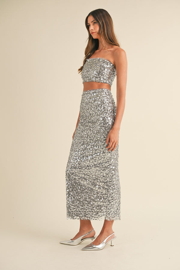 URSINA SEQUIN BANDEAU AND MIDI SKIRT SET