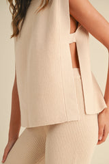 ALY SIDE OPEN KNITTED TOP AND LONG PANTS SET