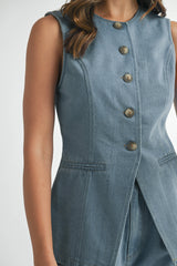 DULCE DENIM TAILORED LONGLINE VEST AND WIDE PANTS SET