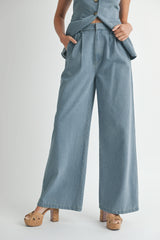 DULCE DENIM TAILORED LONGLINE VEST AND WIDE PANTS SET