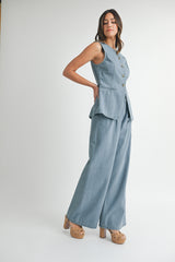 DULCE DENIM TAILORED LONGLINE VEST AND WIDE PANTS SET