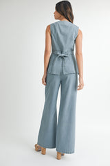 DULCE DENIM TAILORED LONGLINE VEST AND WIDE PANTS SET