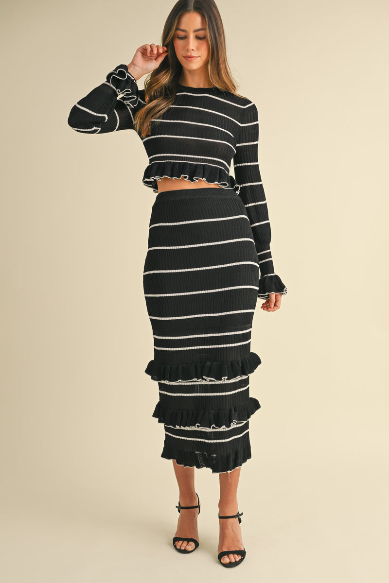 CYMBRE KNIT CROP TOP AND MIDI RUFFLE KNIT SKIRT