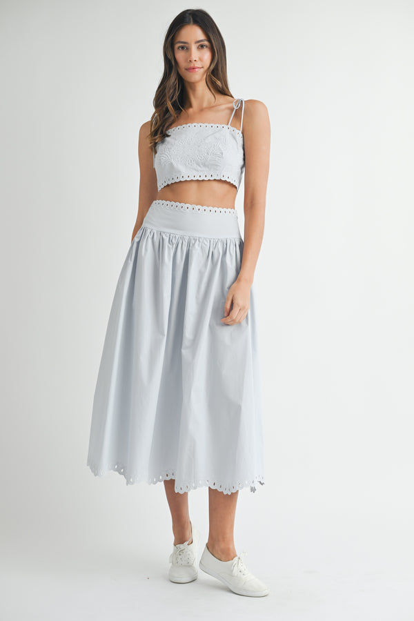 KEYLA EMBROIDERY CROP TOP AND MIDI SKIRT SET