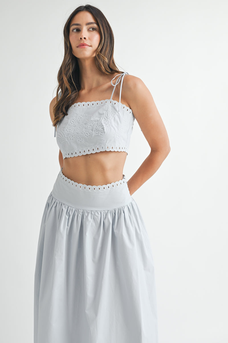 KEYLA EMBROIDERY CROP TOP AND MIDI SKIRT SET