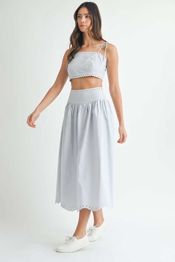 KEYLA EMBROIDERY CROP TOP AND MIDI SKIRT SET