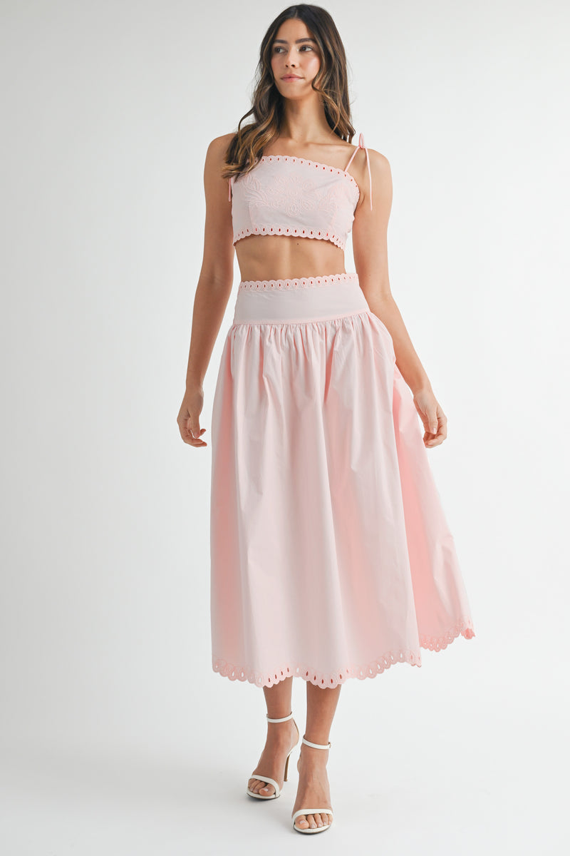 KEYLA EMBROIDERY CROP TOP AND MIDI SKIRT SET