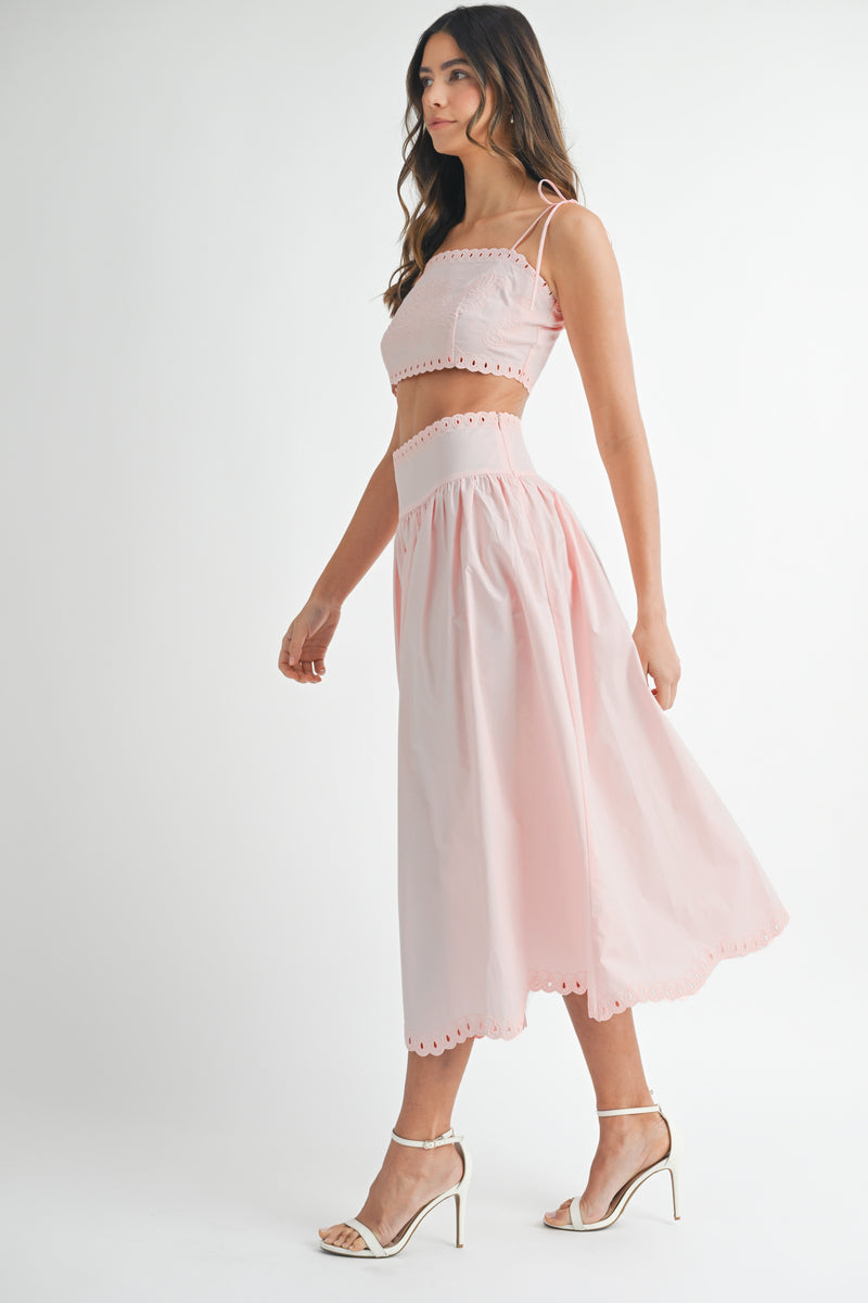 KEYLA EMBROIDERY CROP TOP AND MIDI SKIRT SET
