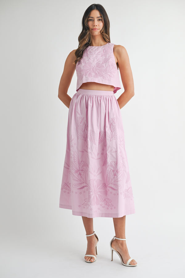 LILOU EMBROIDERED CROP TOP AND MIDI SKIRT SET
