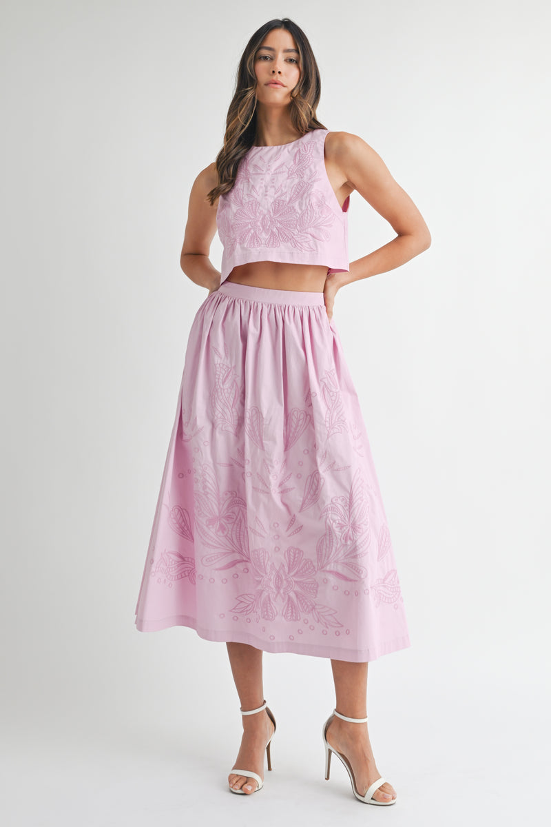 LILOU EMBROIDERED CROP TOP AND MIDI SKIRT SET