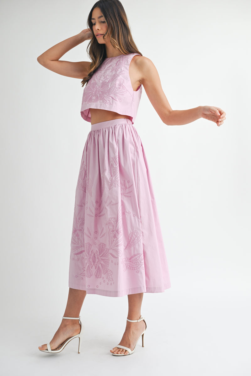 LILOU EMBROIDERED CROP TOP AND MIDI SKIRT SET