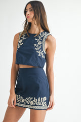 ROWAN EMBROIDERED CROP TOP AND MINI SKIRT SET