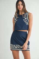 ROWAN EMBROIDERED CROP TOP AND MINI SKIRT SET