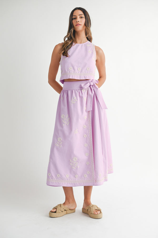 JOY EMBROIDERED CROP TOP AND MIDI SKIRT SET