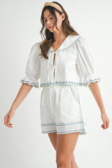 NORENE EMBROIDERED BLOUSE AND SHORTS SET