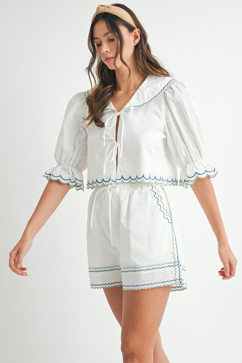 NORENE EMBROIDERED BLOUSE AND SHORTS SET