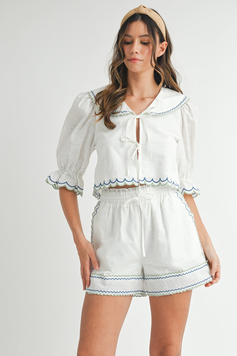NORENE EMBROIDERED BLOUSE AND SHORTS SET