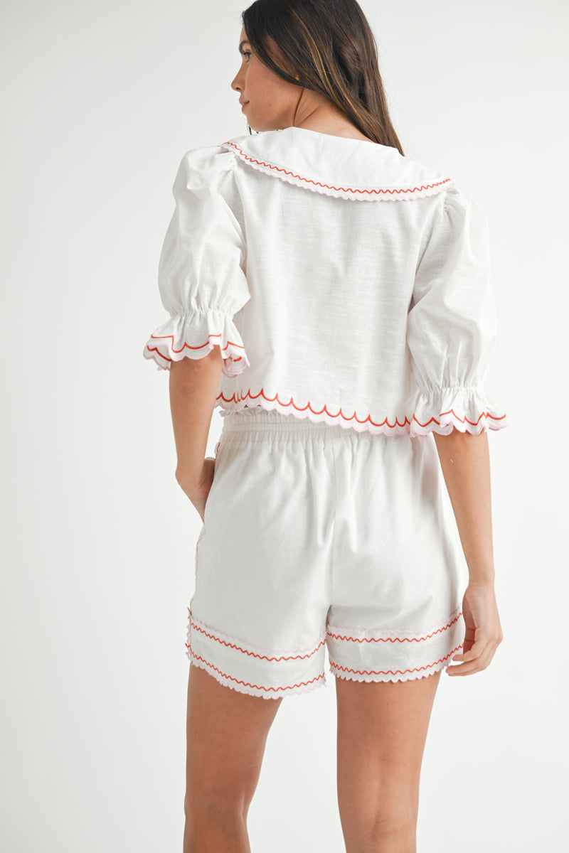 NORENE EMBROIDERED BLOUSE AND SHORTS SET